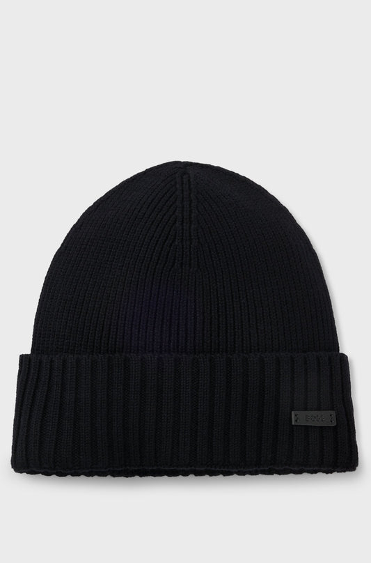 Rib-knit virgin-wool beanie with logo plaque