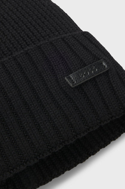Rib-knit virgin-wool beanie with logo plaque